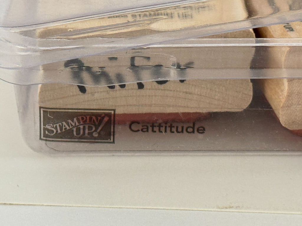 Stampin Up Wood Rubber Stamps Set Cattitude Cat Yarn Fish Bowl Paw Print Funny