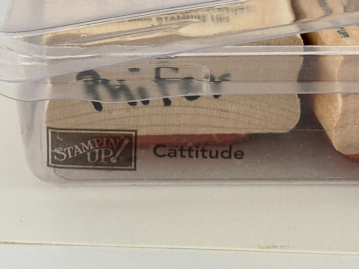 Stampin Up Wood Rubber Stamps Set Cattitude Cat Yarn Fish Bowl Paw Print Funny