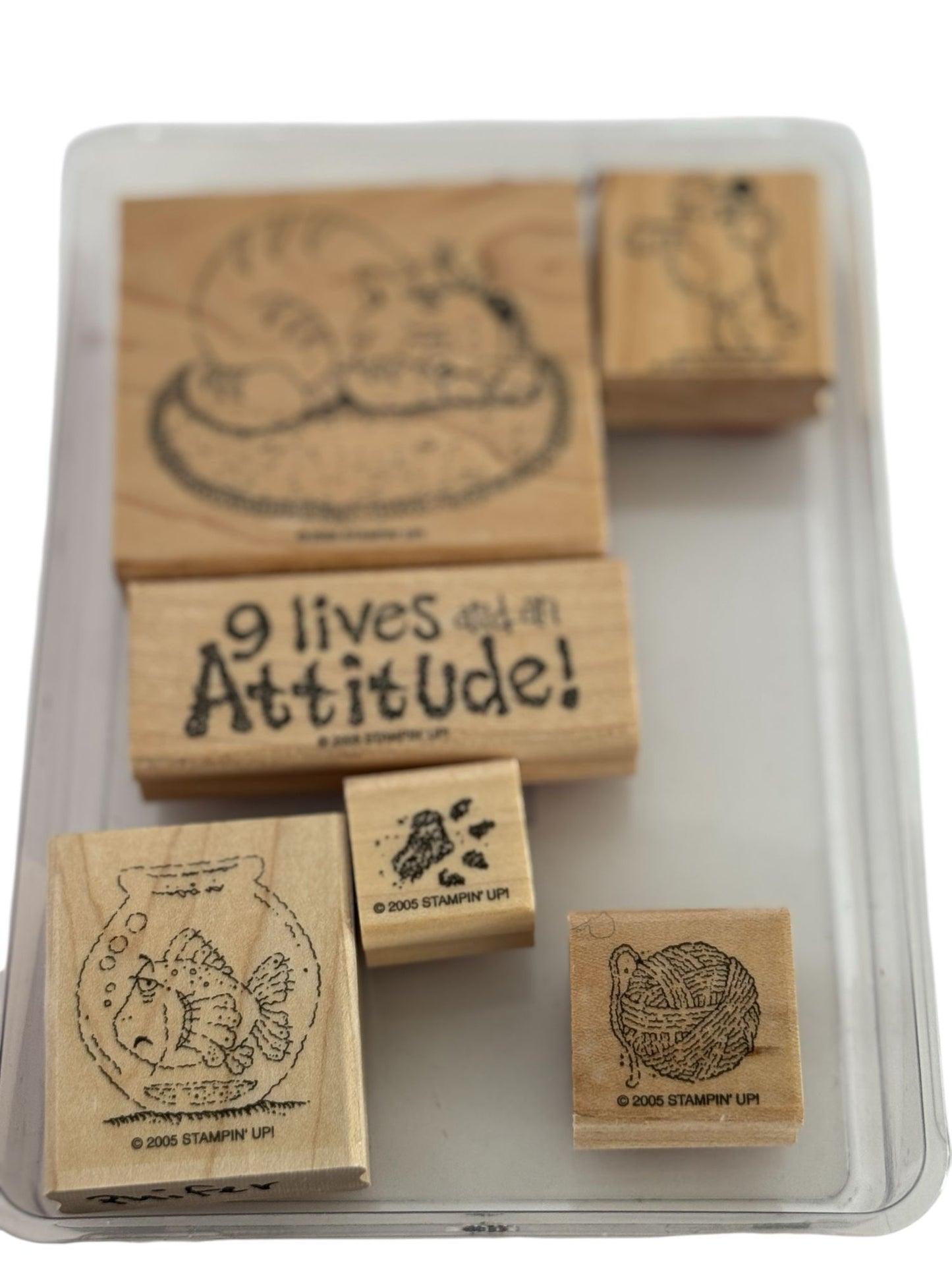 Stampin Up Wood Rubber Stamps Set Cattitude Cat Yarn Fish Bowl Paw Print Funny