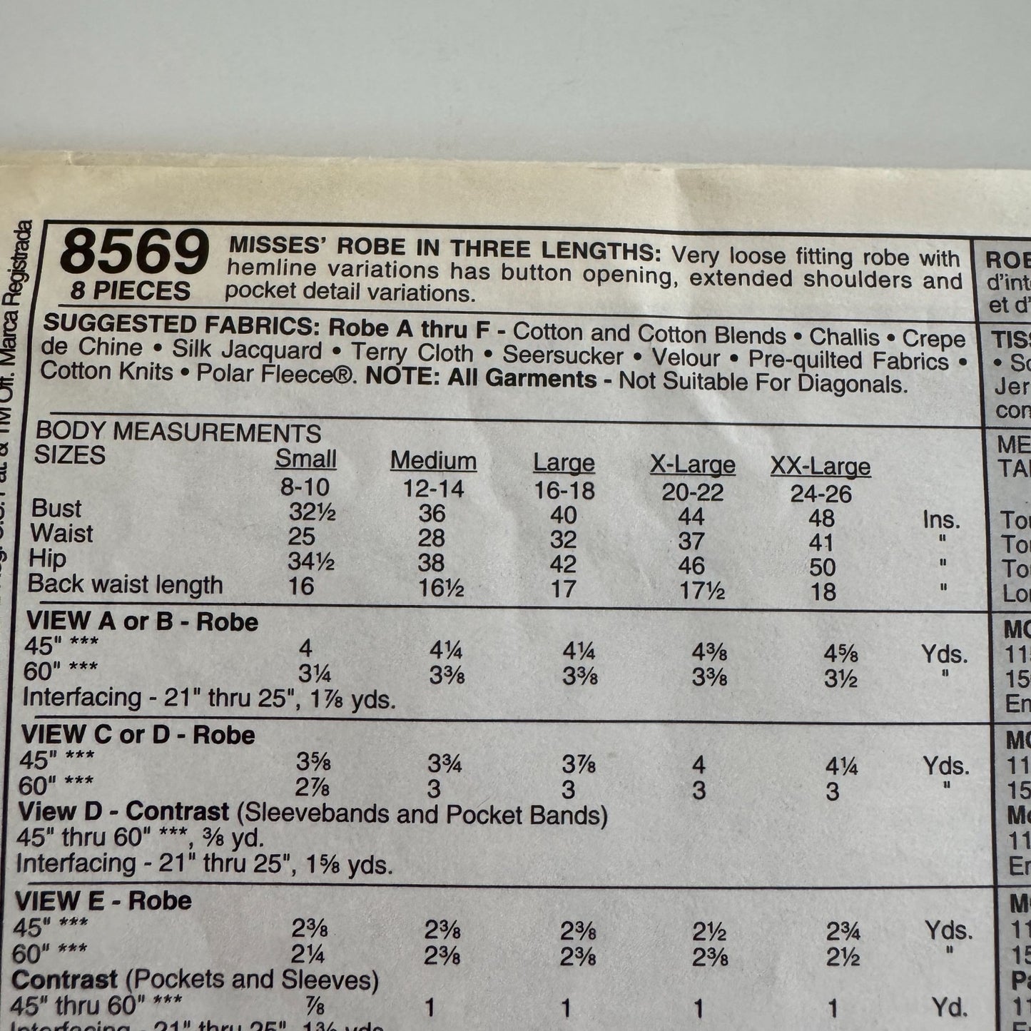 McCalls Sewing Pattern 8569 Misses Robe Easy Size Small 8-10 Uncut 8 Looks 1990s