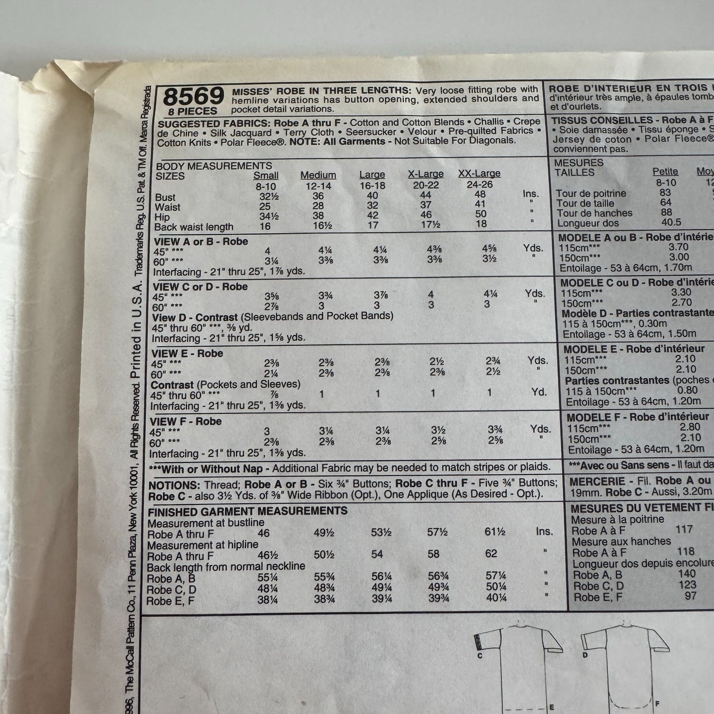 McCalls Sewing Pattern 8569 Misses Robe Easy Size Small 8-10 Uncut 8 Looks 1990s