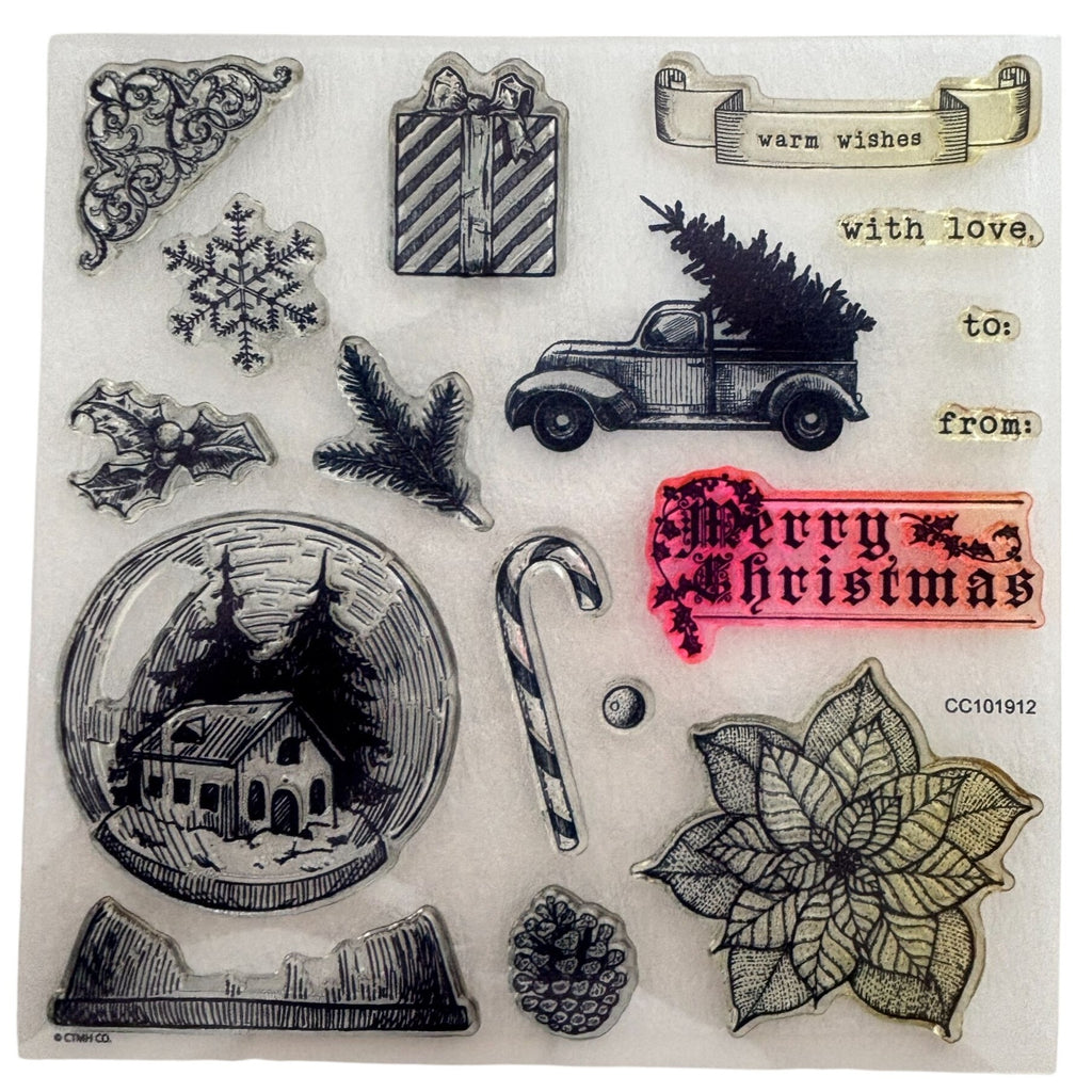 CTMH Acrylic Stamps Set Traditional Holiday Christmas Cardmaking Pickup Truck Snow Globe Candy Cane