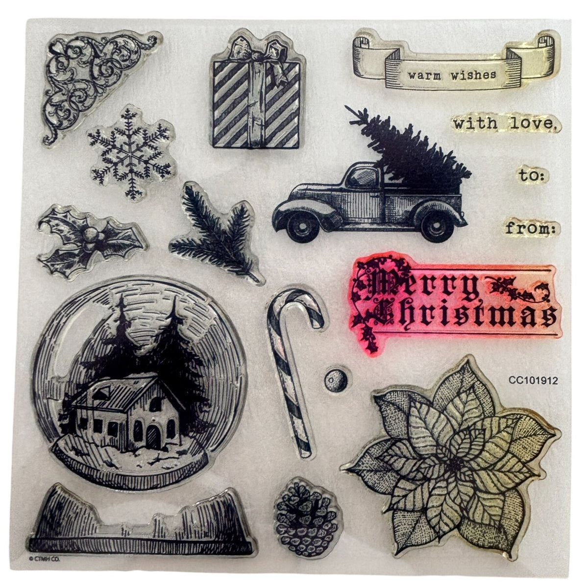 CTMH Acrylic Stamps Set Traditional Holiday Christmas Cardmaking Pickup Truck Snow Globe Candy Cane