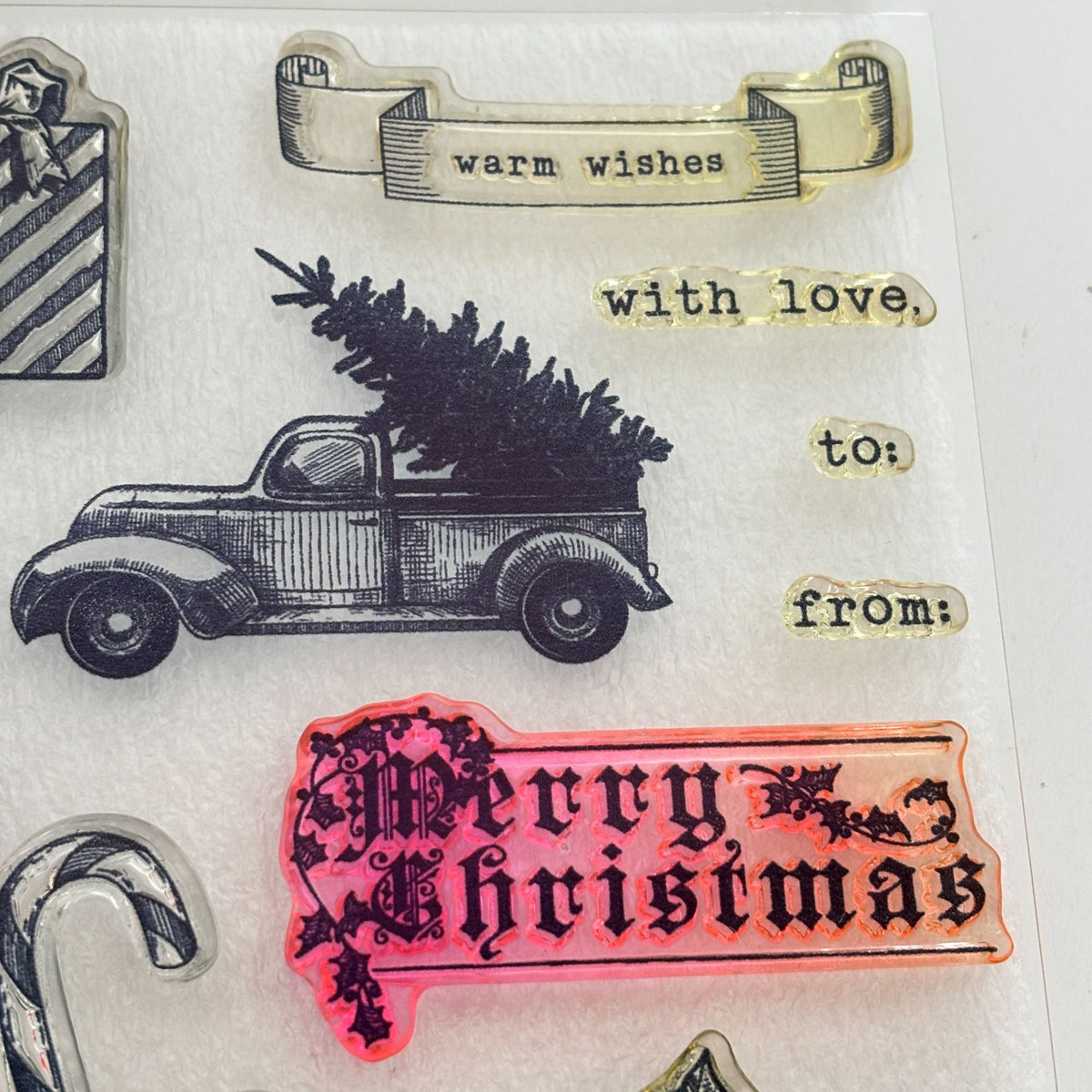 CTMH Acrylic Stamps Set Traditional Holiday Christmas Cardmaking Pickup Truck Snow Globe Candy Cane