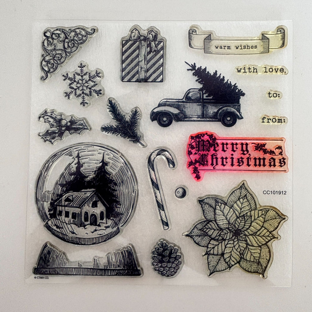 CTMH Acrylic Stamps Set Traditional Holiday Christmas Cardmaking Pickup Truck Snow Globe Candy Cane