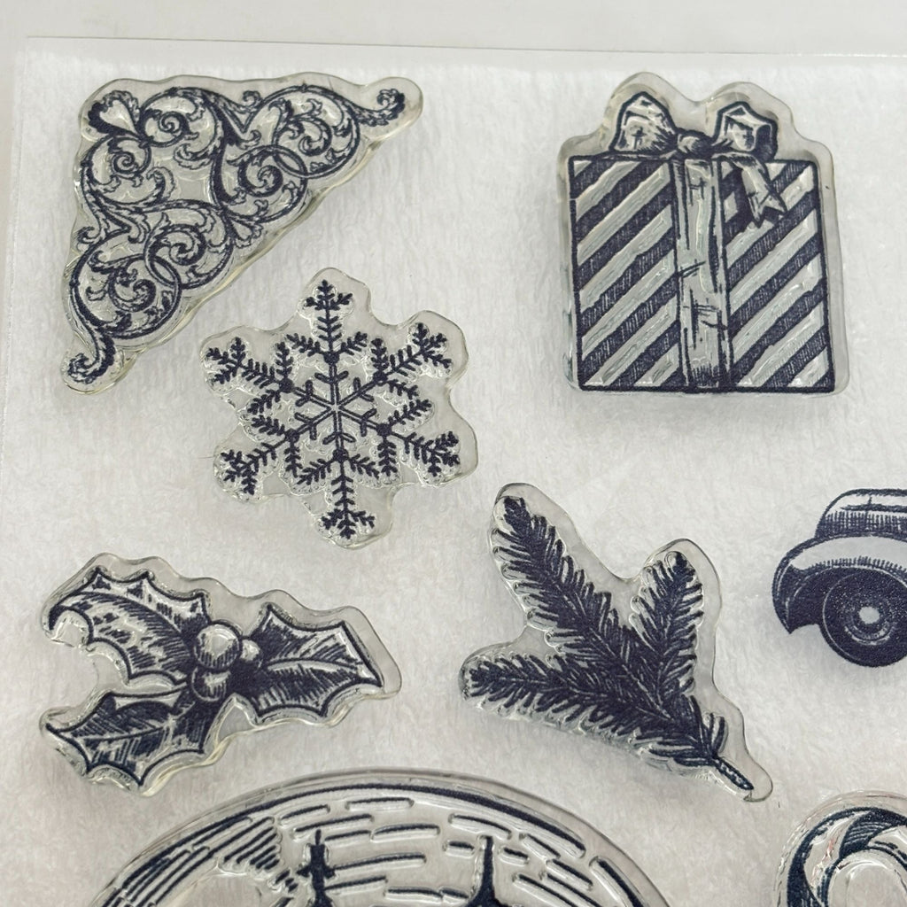 CTMH Acrylic Stamps Set Traditional Holiday Christmas Cardmaking Pickup Truck Snow Globe Candy Cane