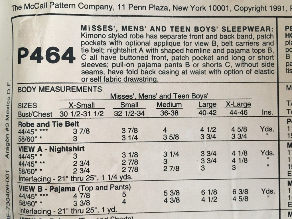 Vintage 90s Pajama Sewing Pattern McCalls P464 Kimono Robe Nightshirt Pajamas Lounge Set Medium Unisex Mens