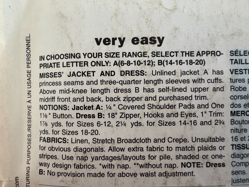 Butterick Sewing Pattern  B5478 Jacket Dress Blazer Modern Workwear 6 8 10 12 UC