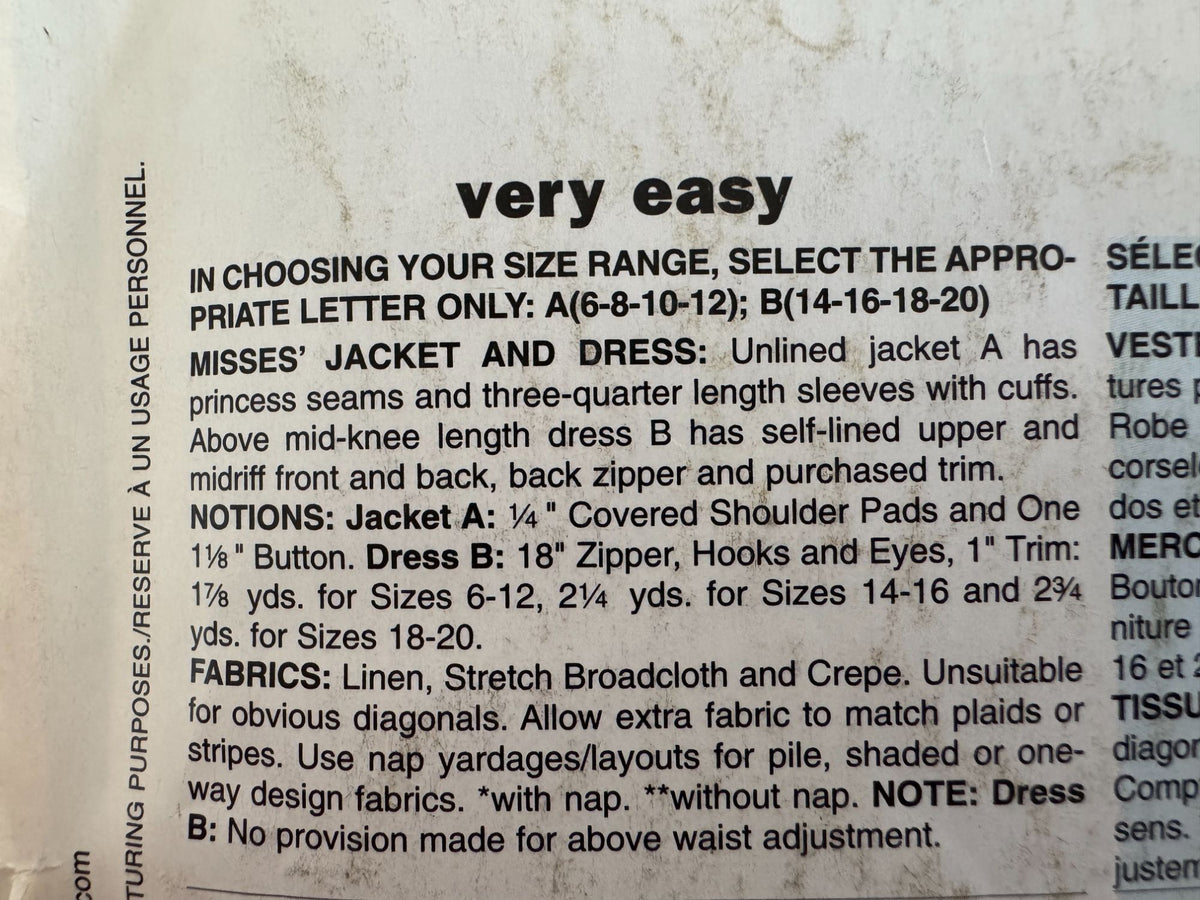 Butterick Sewing Pattern  B5478 Jacket Dress Blazer Modern Workwear 6 8 10 12 UC