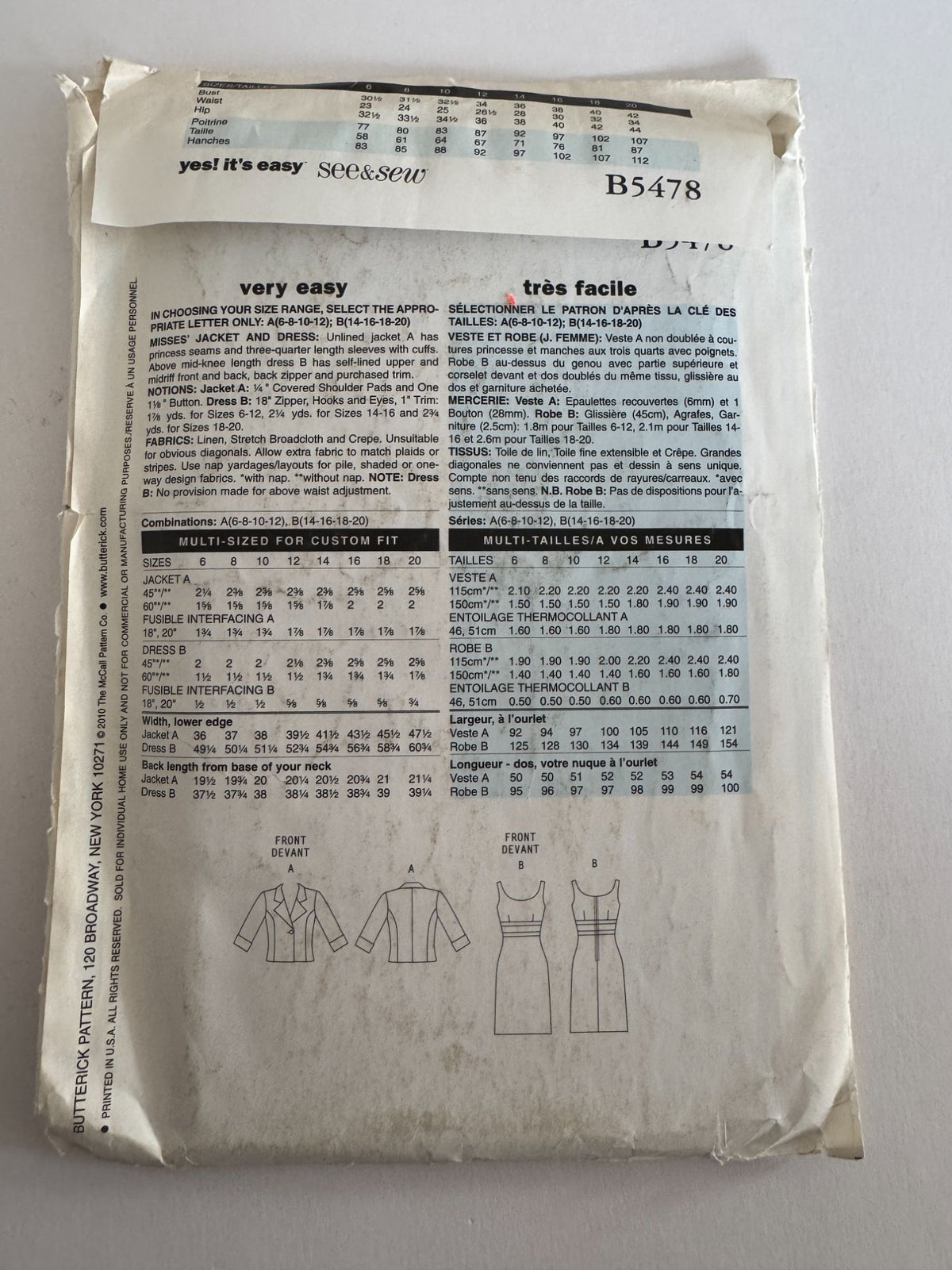 Butterick Sewing Pattern  B5478 Jacket Dress Blazer Modern Workwear 6 8 10 12 UC