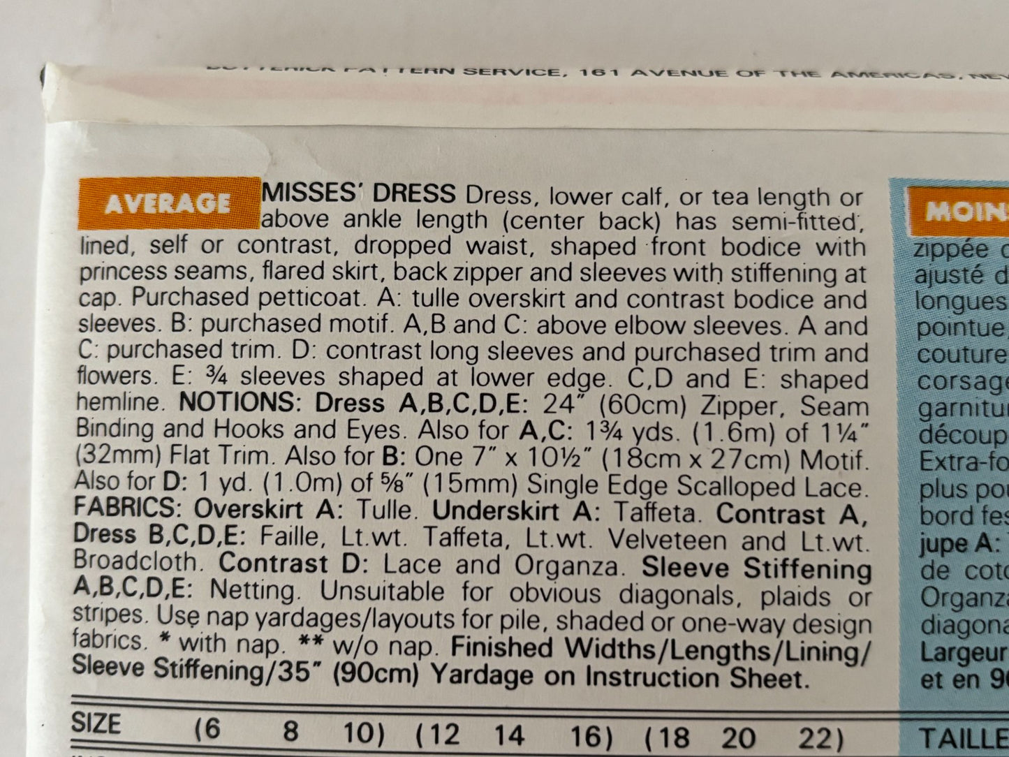 Butterick Sewing Pattern 6536 Misses Dress Tea Length Tulle Overskirt