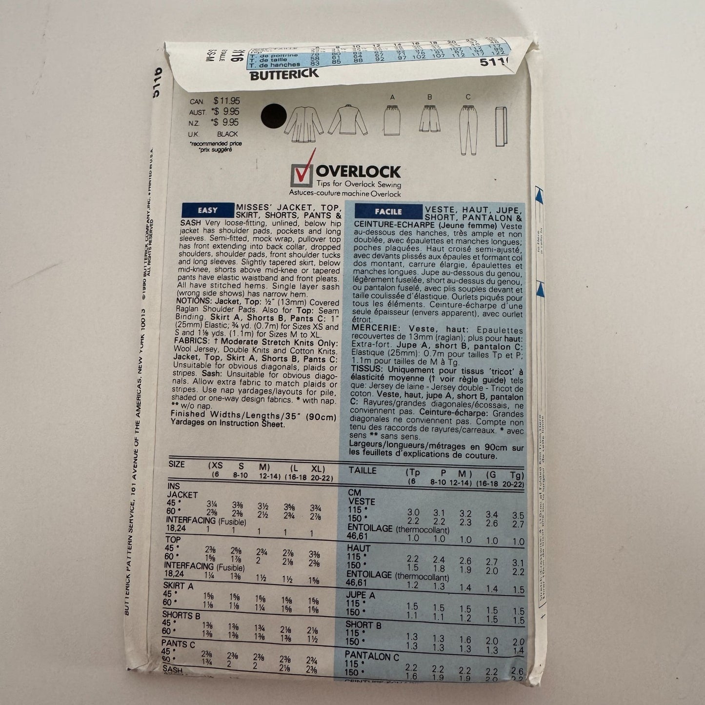 Butterick Sewing Pattern 5116 Misses Jacket Top Skirt Pants Sash Outfit 6-14 UC