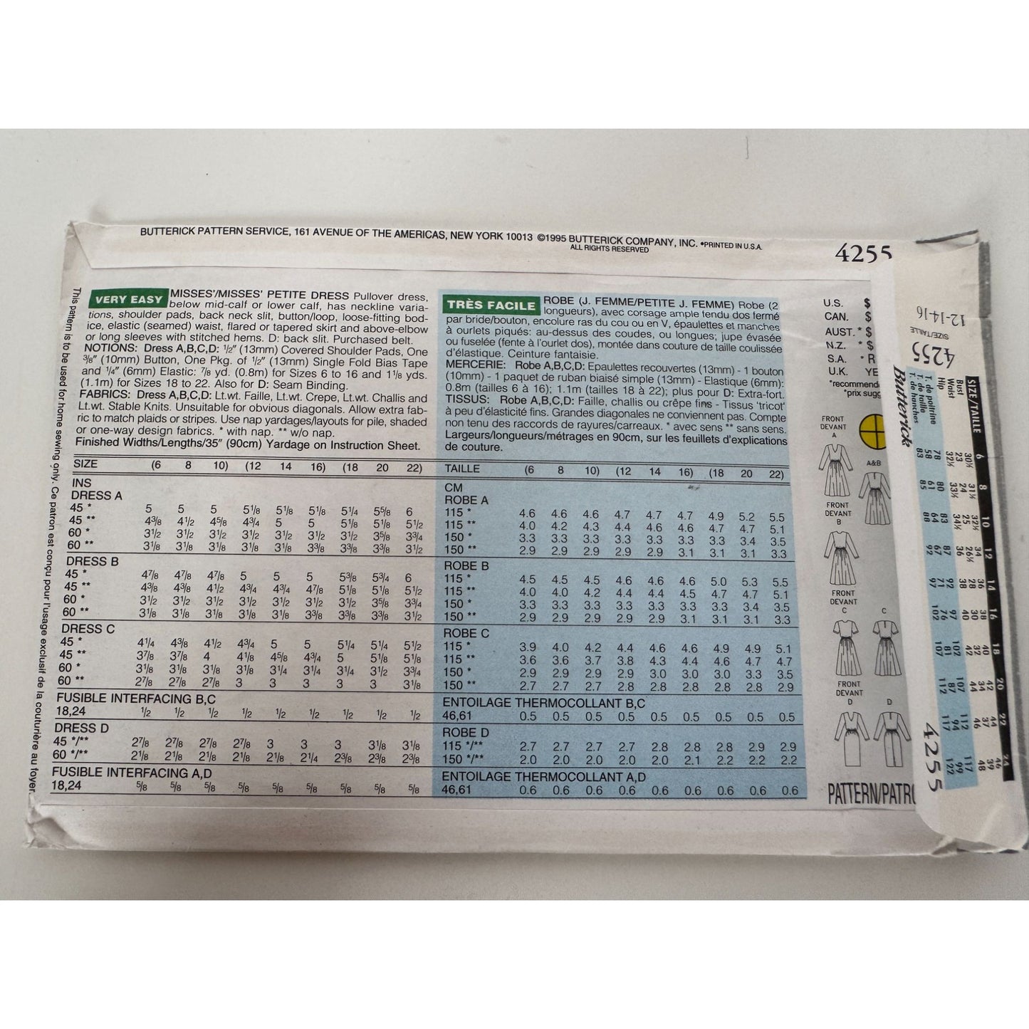 Butterick Sewing Pattern 4255 Misses Dress Cinched Waist 90s 12 14 16 Easy Uncut