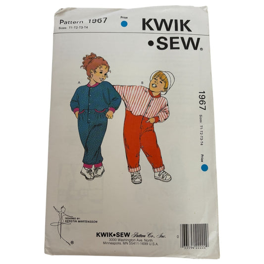 Kwik Sew Sewing Pattern 1967 Toddlers Jumpsuit Easy Dolman Sleeves 2T 3T 4T UC