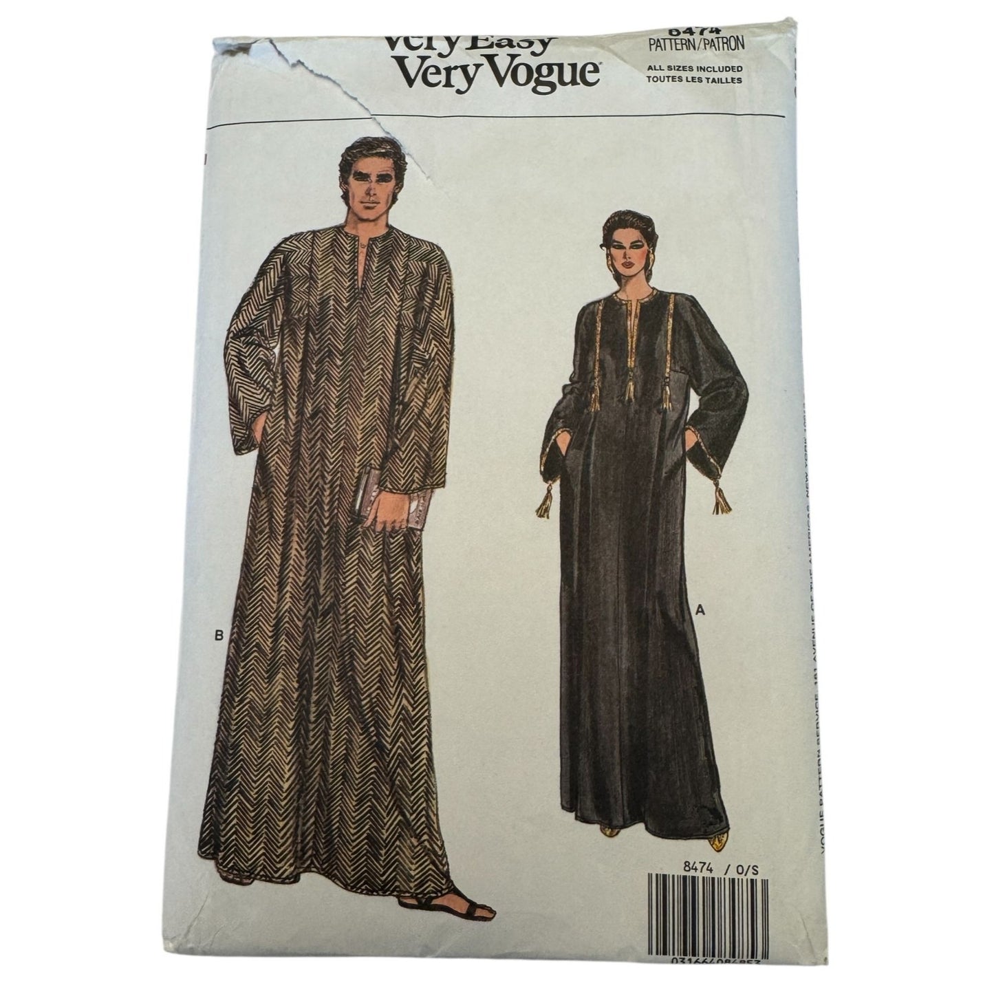 Vogue  Sewing Pattern 8474 Caftan Unisex Boho Kaftan Robe Vintage 80s XS-XL Uncut