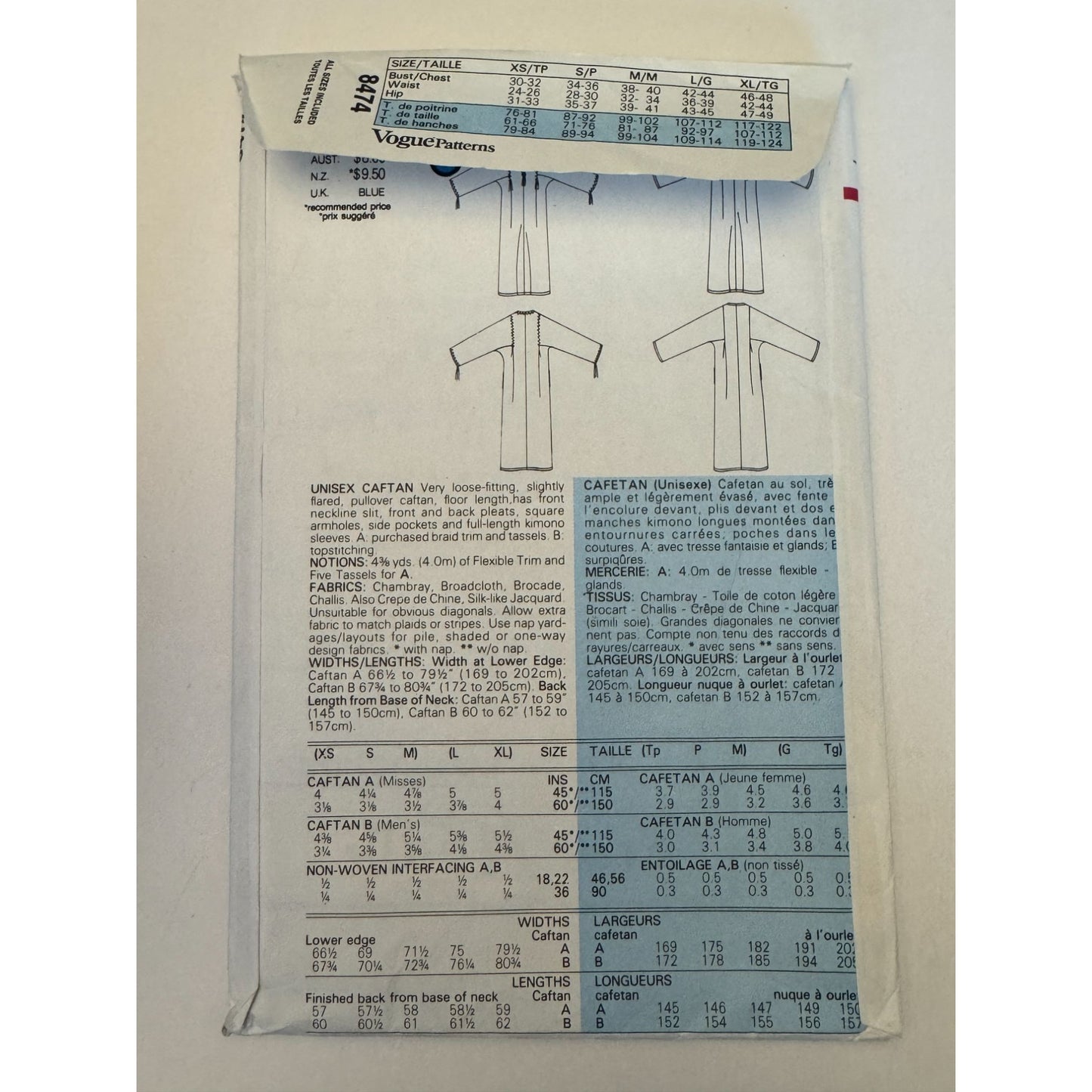 Vogue  Sewing Pattern 8474 Caftan Unisex Boho Kaftan Robe Vintage 80s XS-XL Uncut