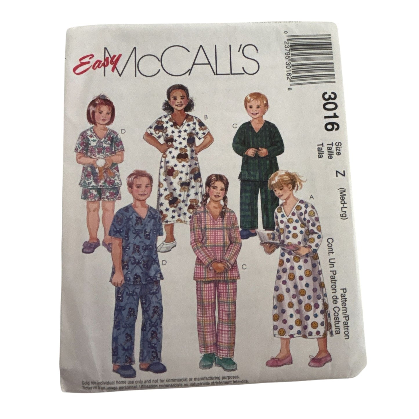 McCalls Sewing Pattern 3016 Childrens Pajamas Nightshirt Top Pants Shorts M L UC