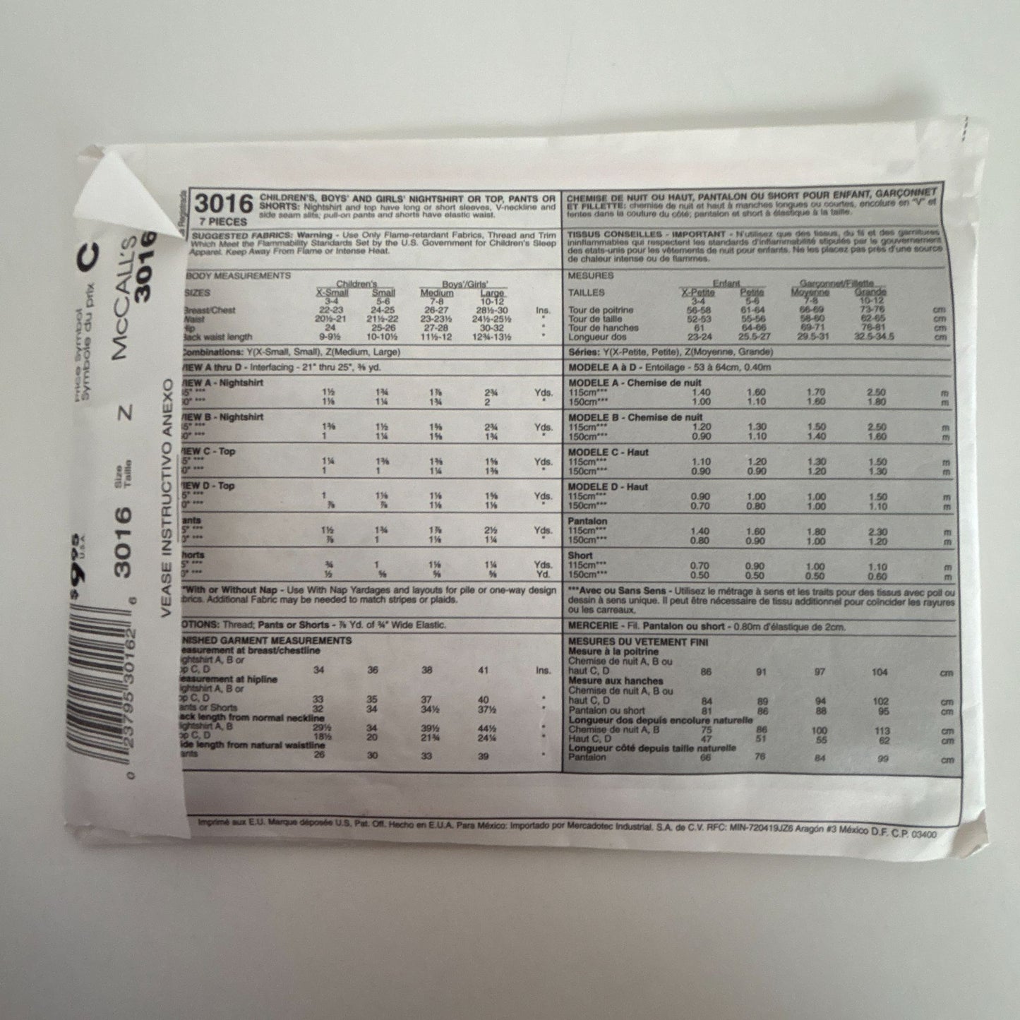 McCalls Sewing Pattern 3016 Childrens Pajamas Nightshirt Top Pants Shorts M L UC