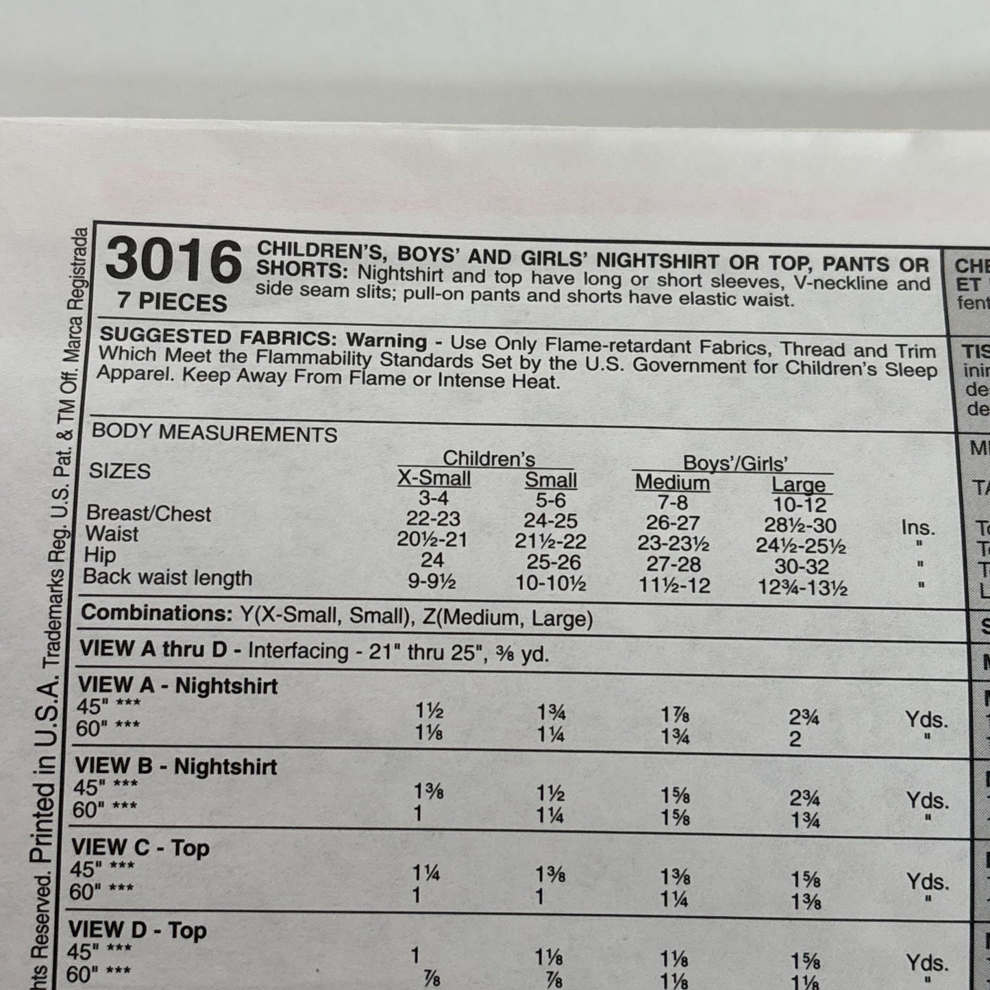 McCalls Sewing Pattern 3016 Childrens Pajamas Nightshirt Top Pants Shorts M L UC