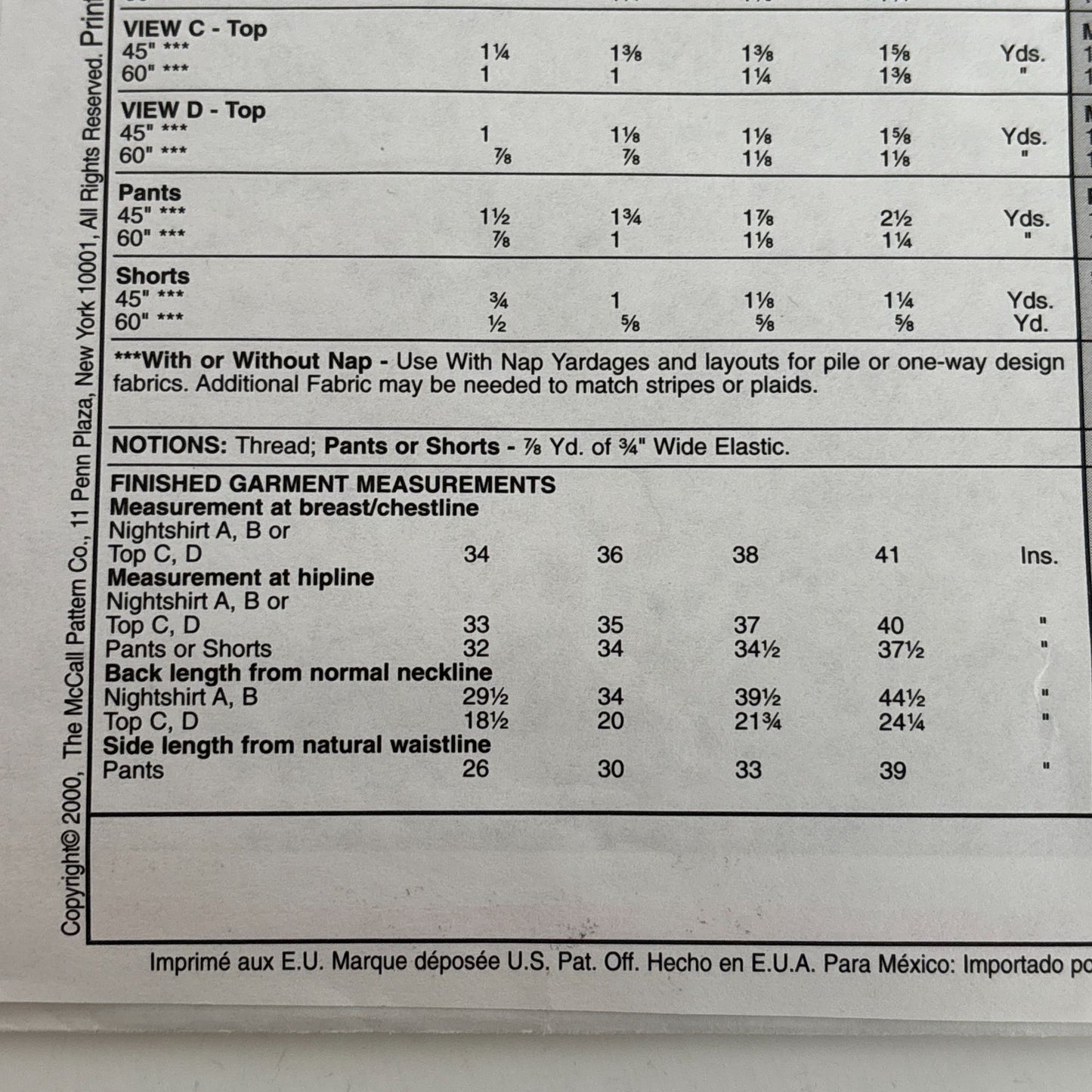 McCalls Sewing Pattern 3016 Childrens Pajamas Nightshirt Top Pants Shorts M L UC