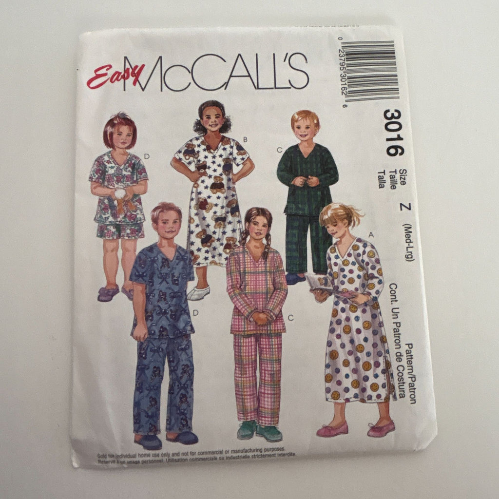 McCalls Sewing Pattern 3016 Childrens Pajamas Nightshirt Top Pants Shorts M L UC