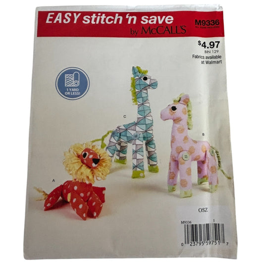 McCalls Sewing Pattern M9336 Stuffed Animal Toys Lion Giraffe Zebra 1 Yard Uncut Plush