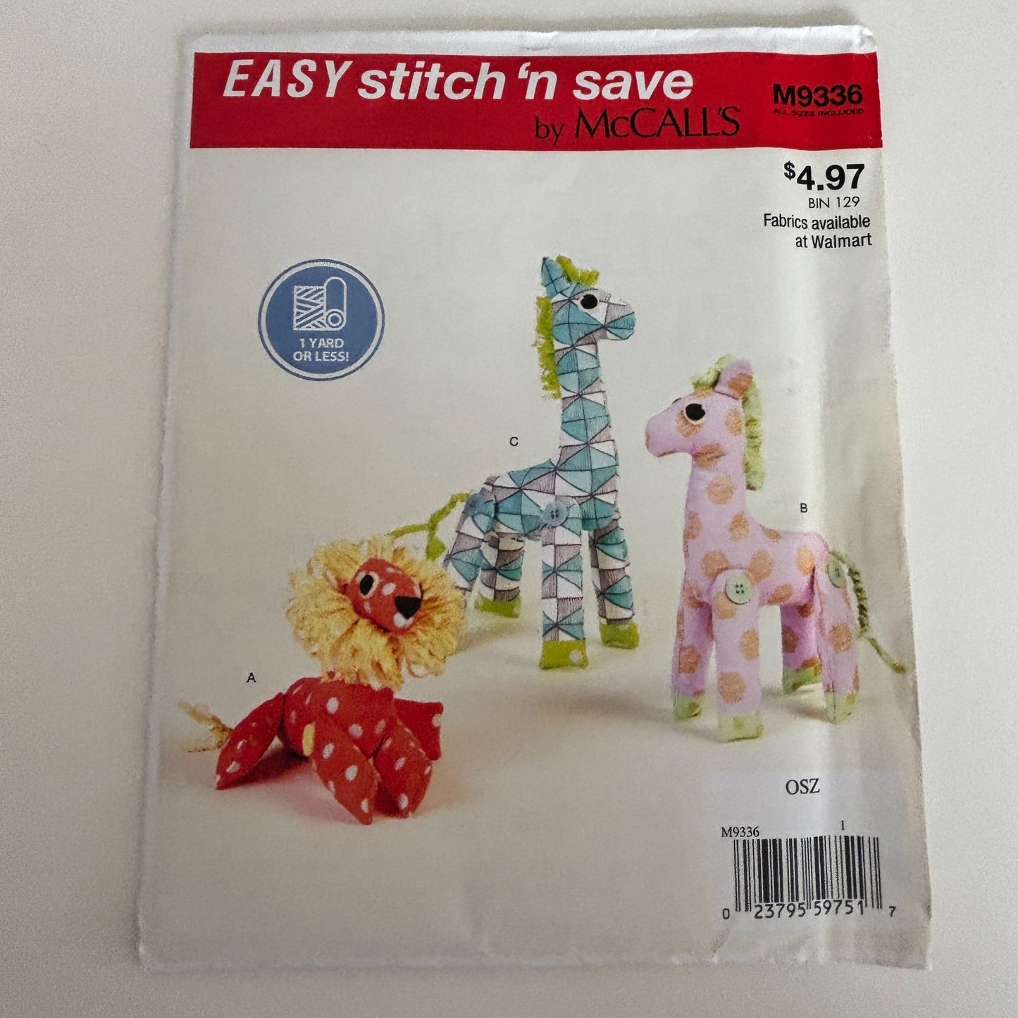 McCalls Sewing Pattern M9336 Stuffed Animal Toys Lion Giraffe Zebra 1 Yard Uncut Plush
