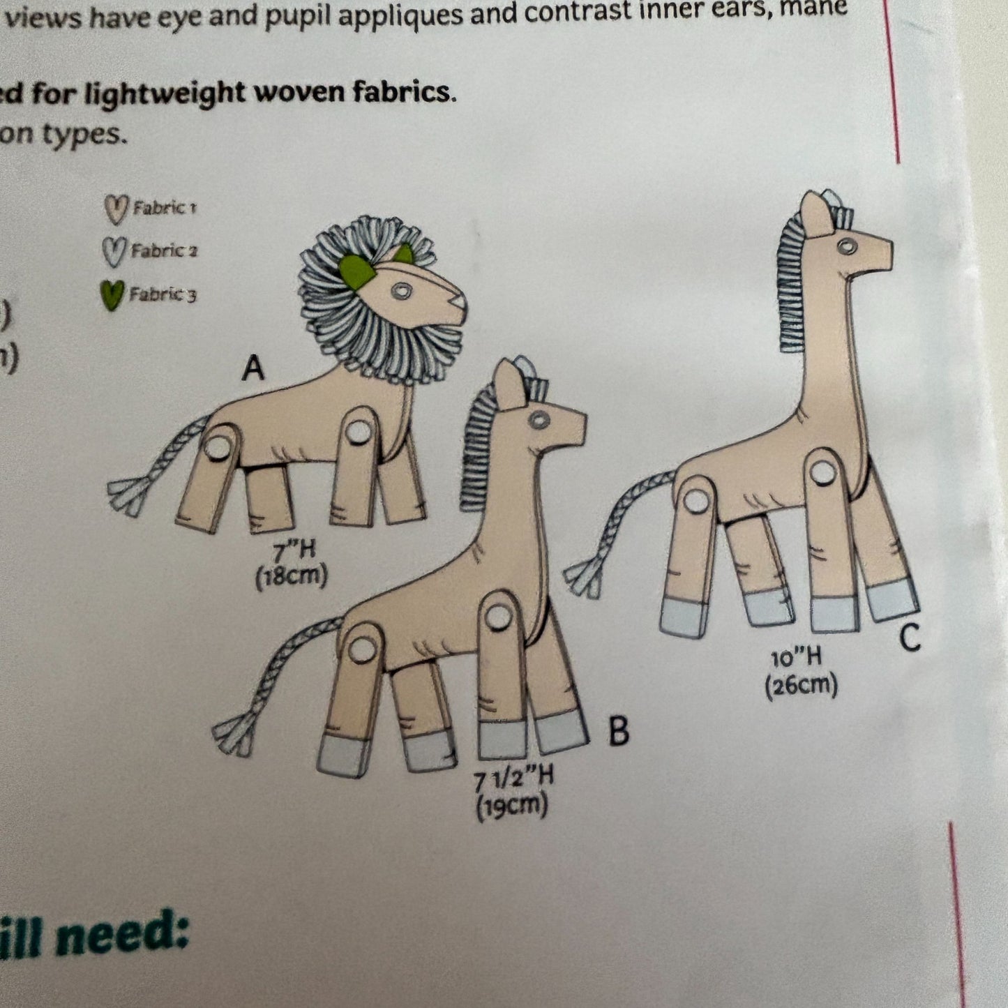 McCalls Sewing Pattern M9336 Stuffed Animal Toys Lion Giraffe Zebra 1 Yard Uncut Plush