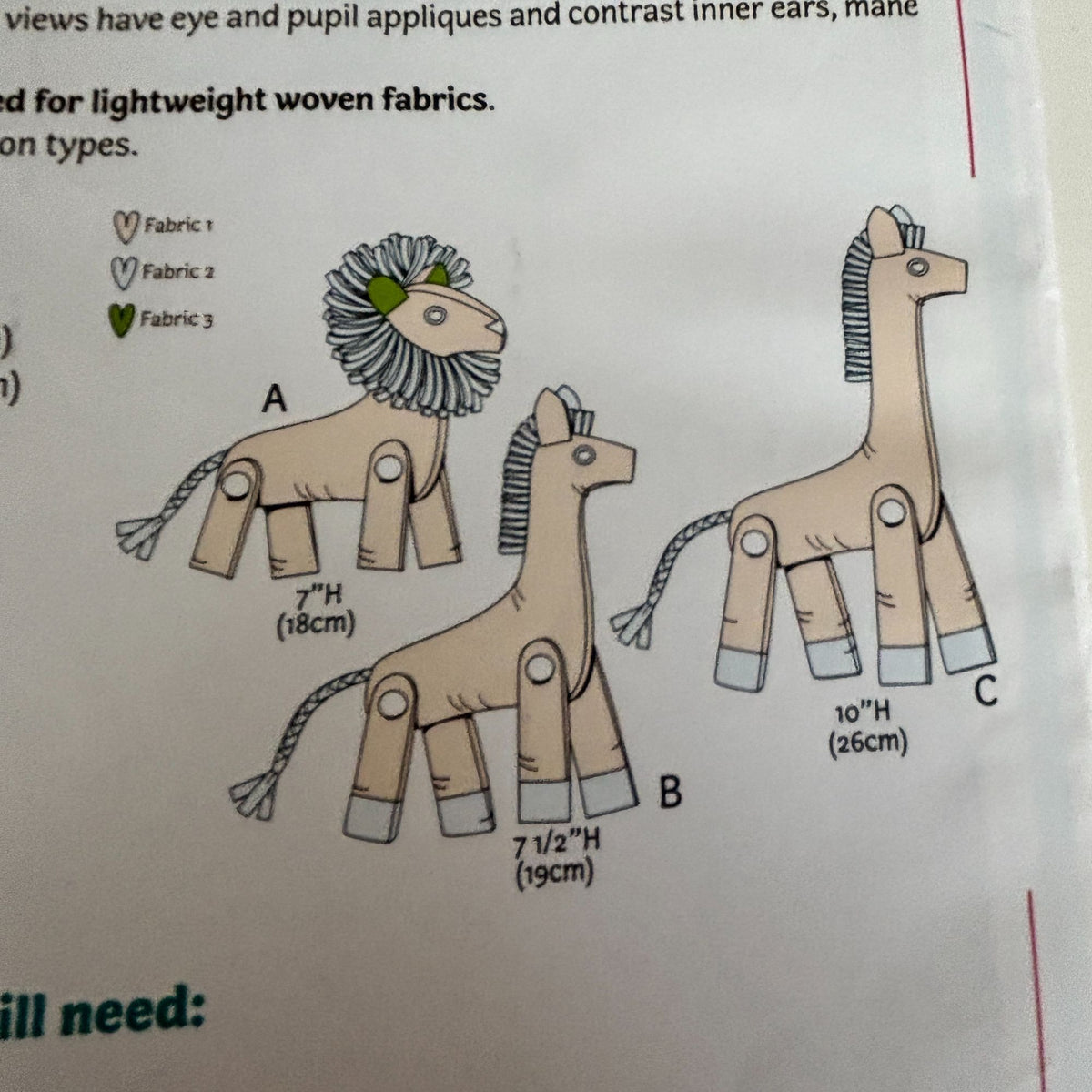 McCalls Sewing Pattern M9336 Stuffed Animal Toys Lion Giraffe Zebra 1 Yard Uncut Plush