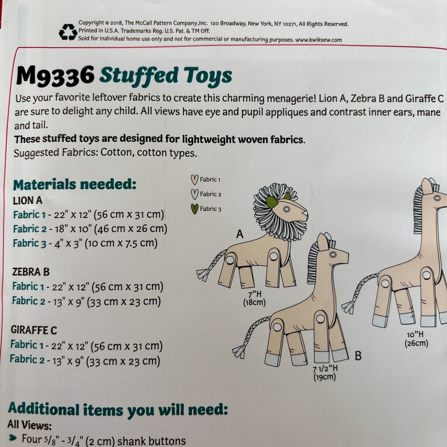 McCalls Sewing Pattern M9336 Stuffed Animal Toys Lion Giraffe Zebra 1 Yard Uncut Plush