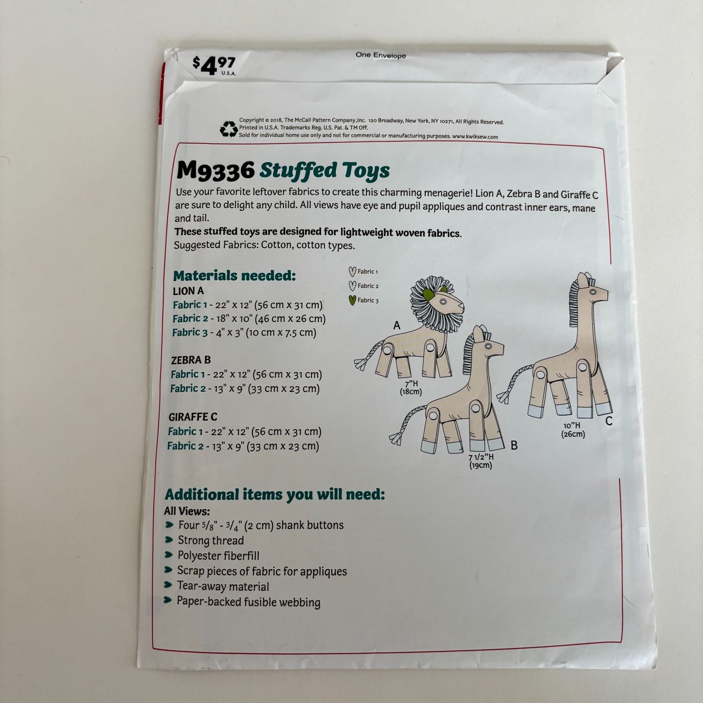 McCalls Sewing Pattern M9336 Stuffed Animal Toys Lion Giraffe Zebra 1 Yard Uncut Plush
