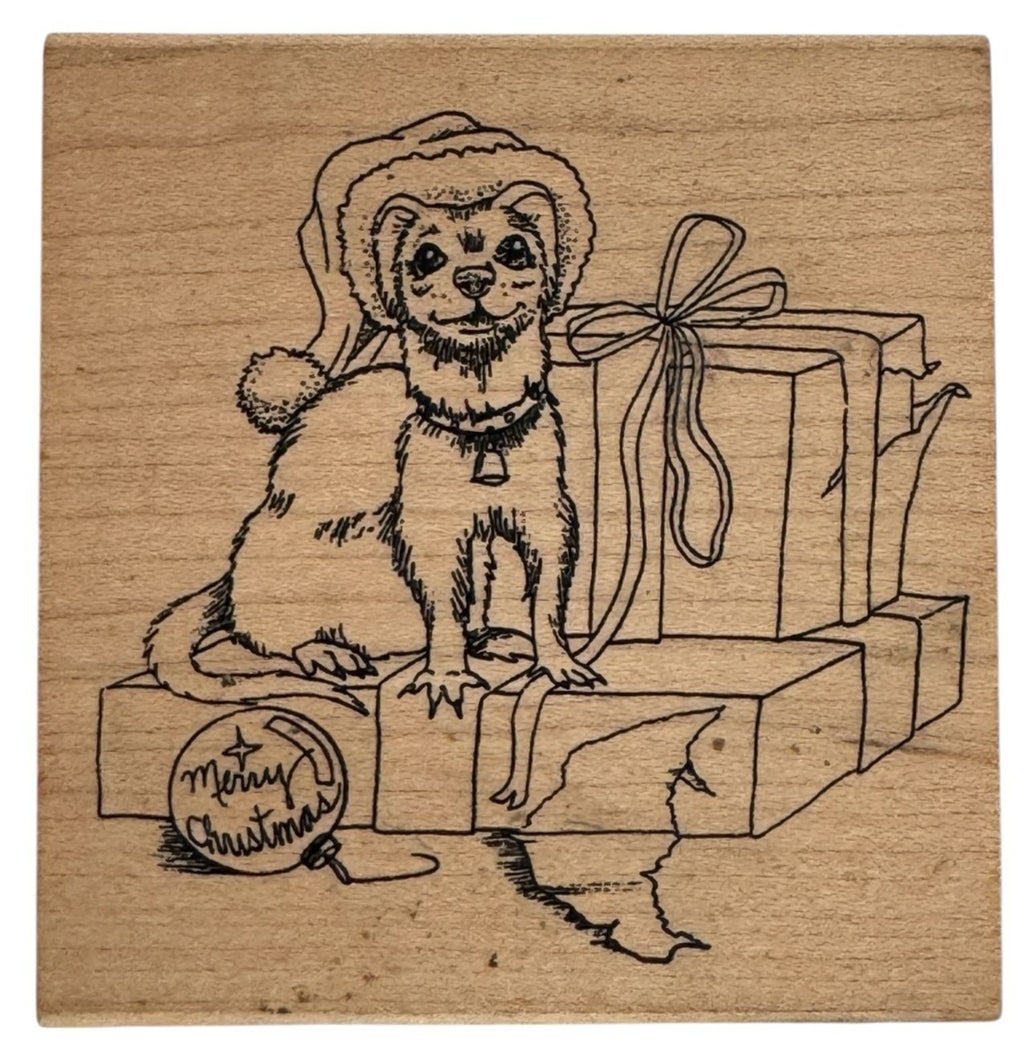 Christmas Rubber Stamp Ferret Opens Gift Box Funny Card Making Pet Animal Santa