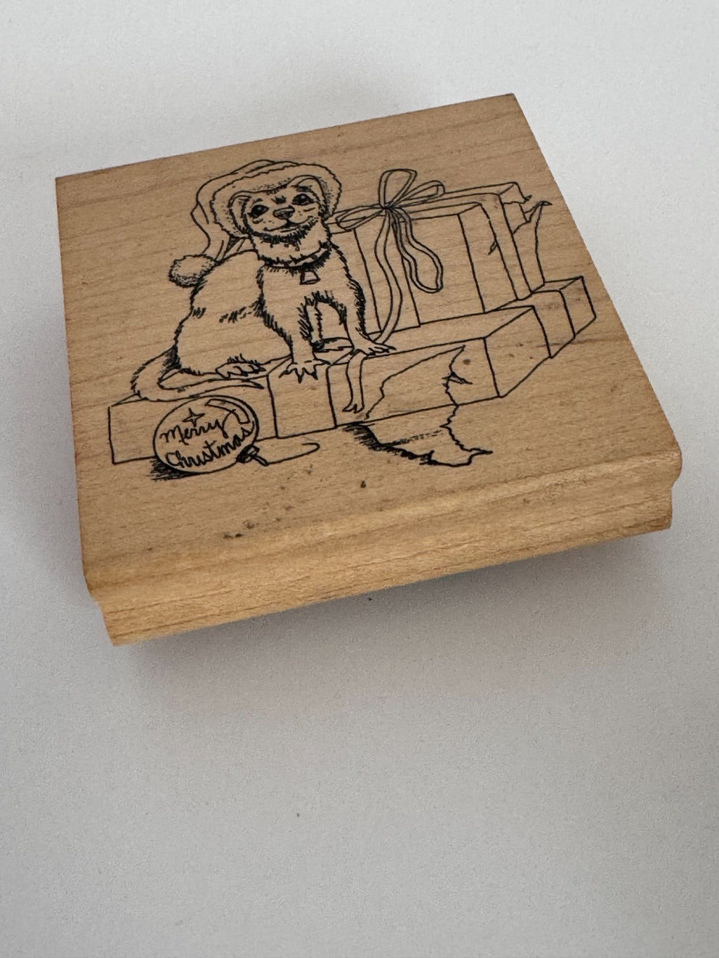 Christmas Rubber Stamp Ferret Opens Gift Box Funny Card Making Pet Animal Santa