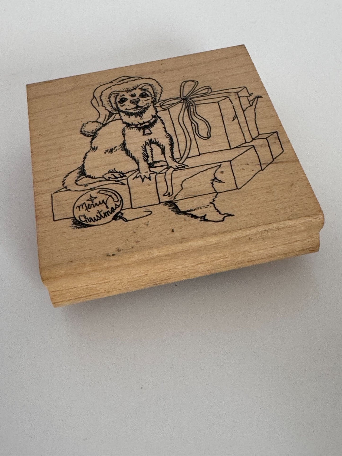 Christmas Rubber Stamp Ferret Opens Gift Box Funny Card Making Pet Animal Santa