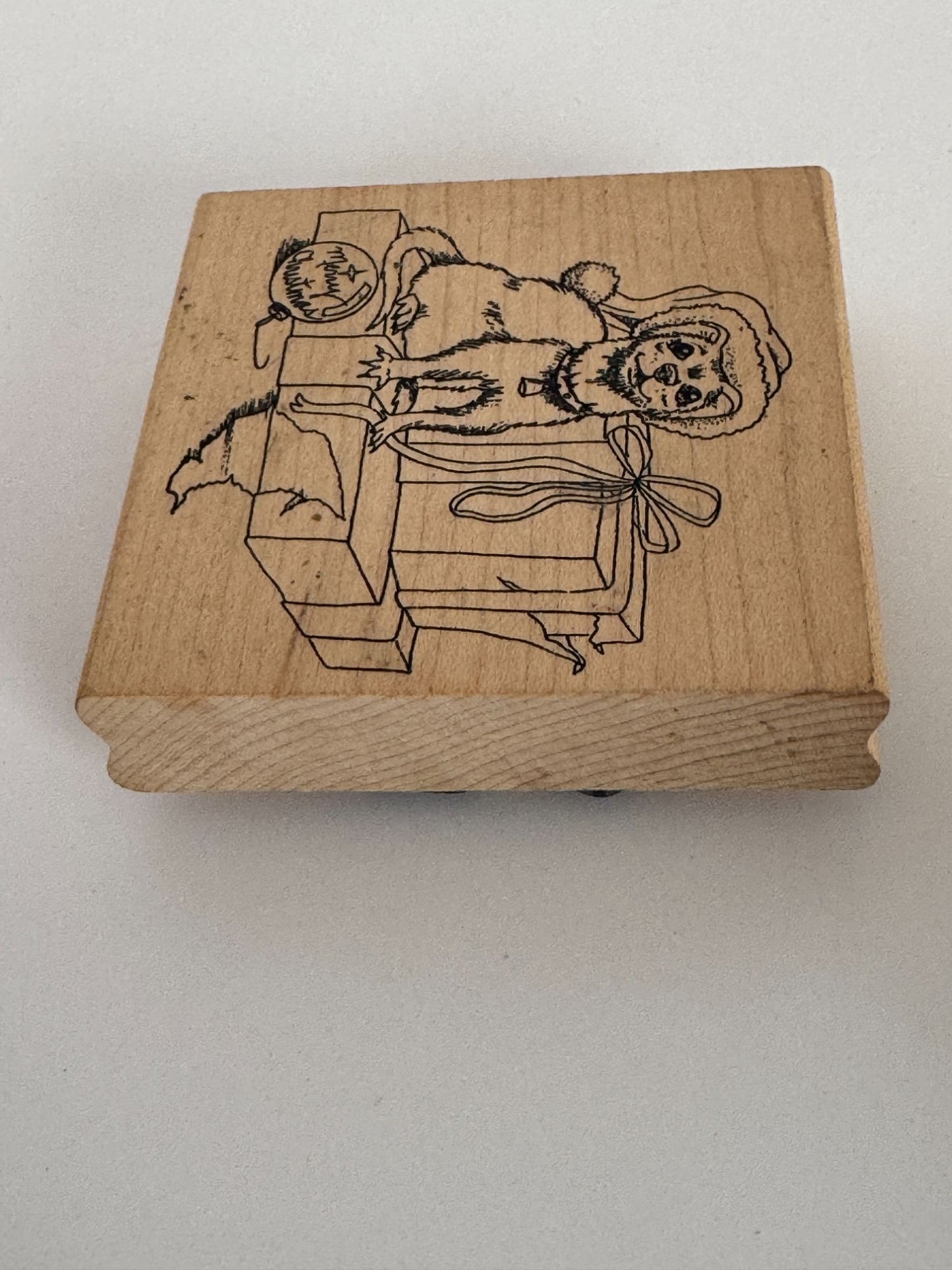 Christmas Rubber Stamp Ferret Opens Gift Box Funny Card Making Pet Animal Santa