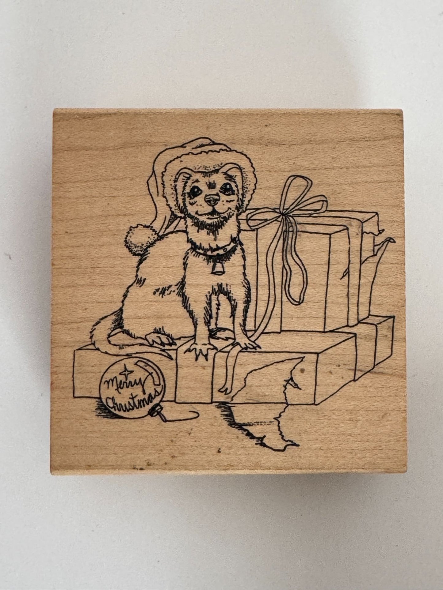 Christmas Rubber Stamp Ferret Opens Gift Box Funny Card Making Pet Animal Santa