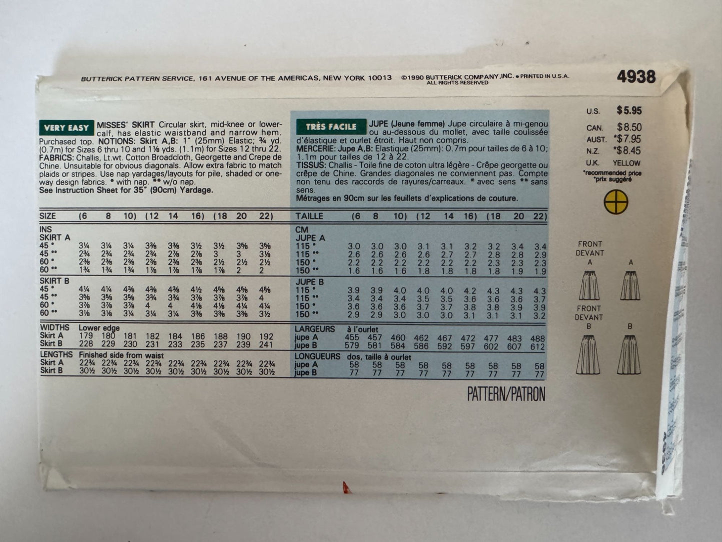 Butterick Sewing Pattern 4938 Easy Circular Skirt 1990s 6 8 10 UC