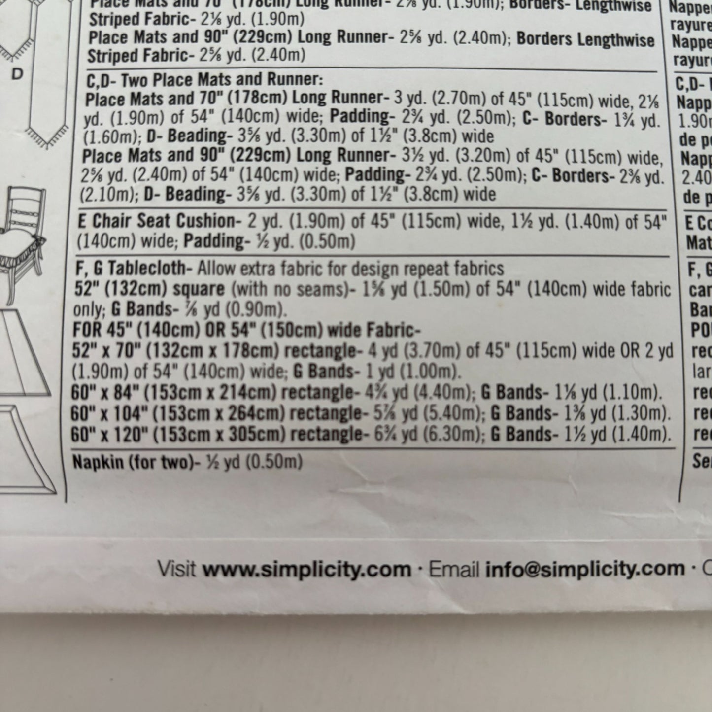Simplicity Home Decorating Sewing Pattern 5530 Table Top Accessories Chair Pad