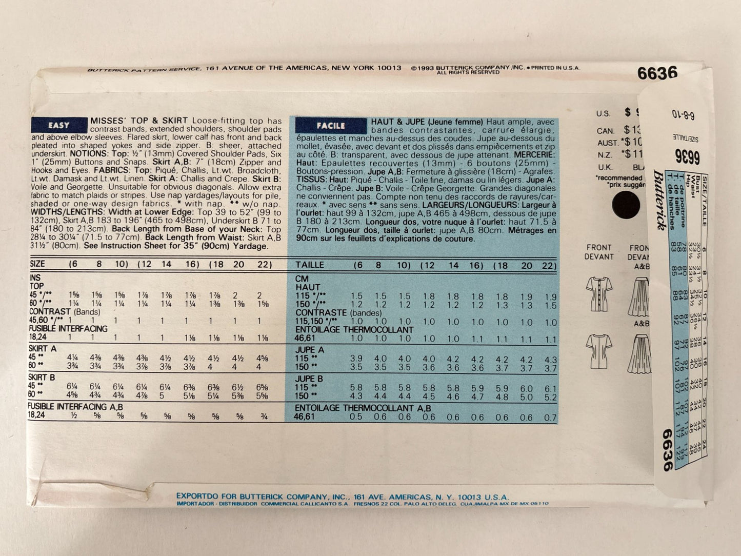Butterick Sewing Pattern 6636 Misses Top and Skirt Career Work 1990s 6 8 10 UC