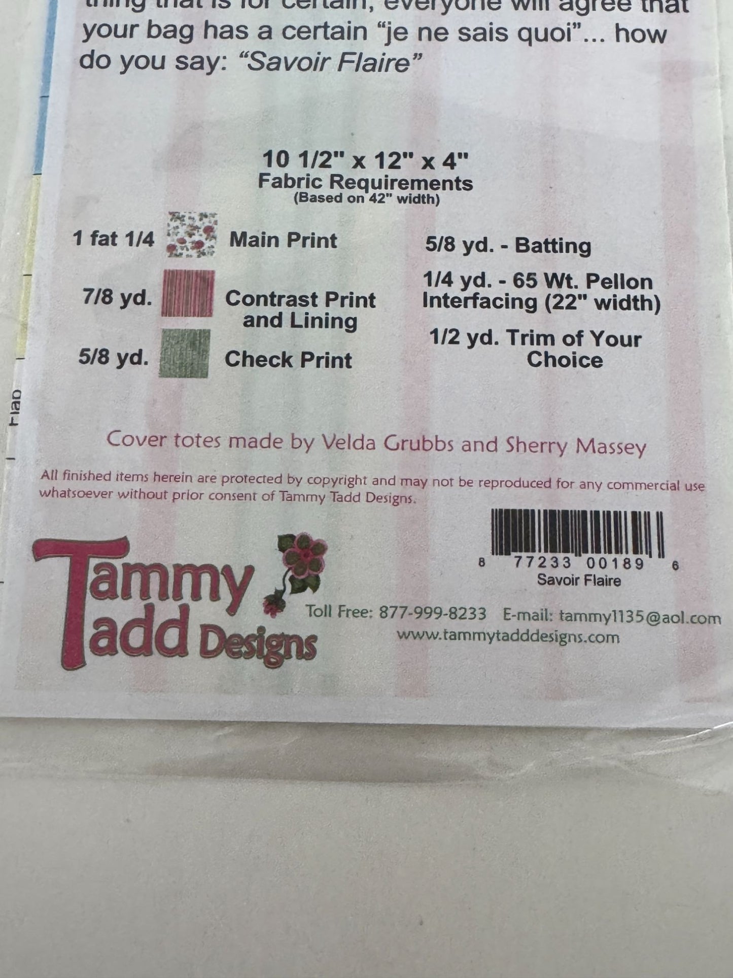 Tammy Tadd Designs Sewing Pattern Savoir Flaire Quilted Tote Bag Purse Florals