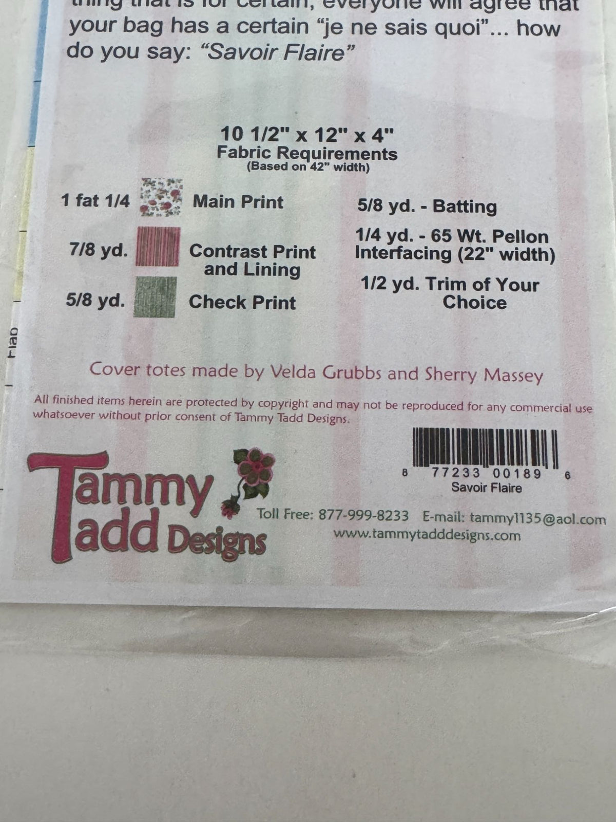 Tammy Tadd Designs Sewing Pattern Savoir Flaire Quilted Tote Bag Purse Florals