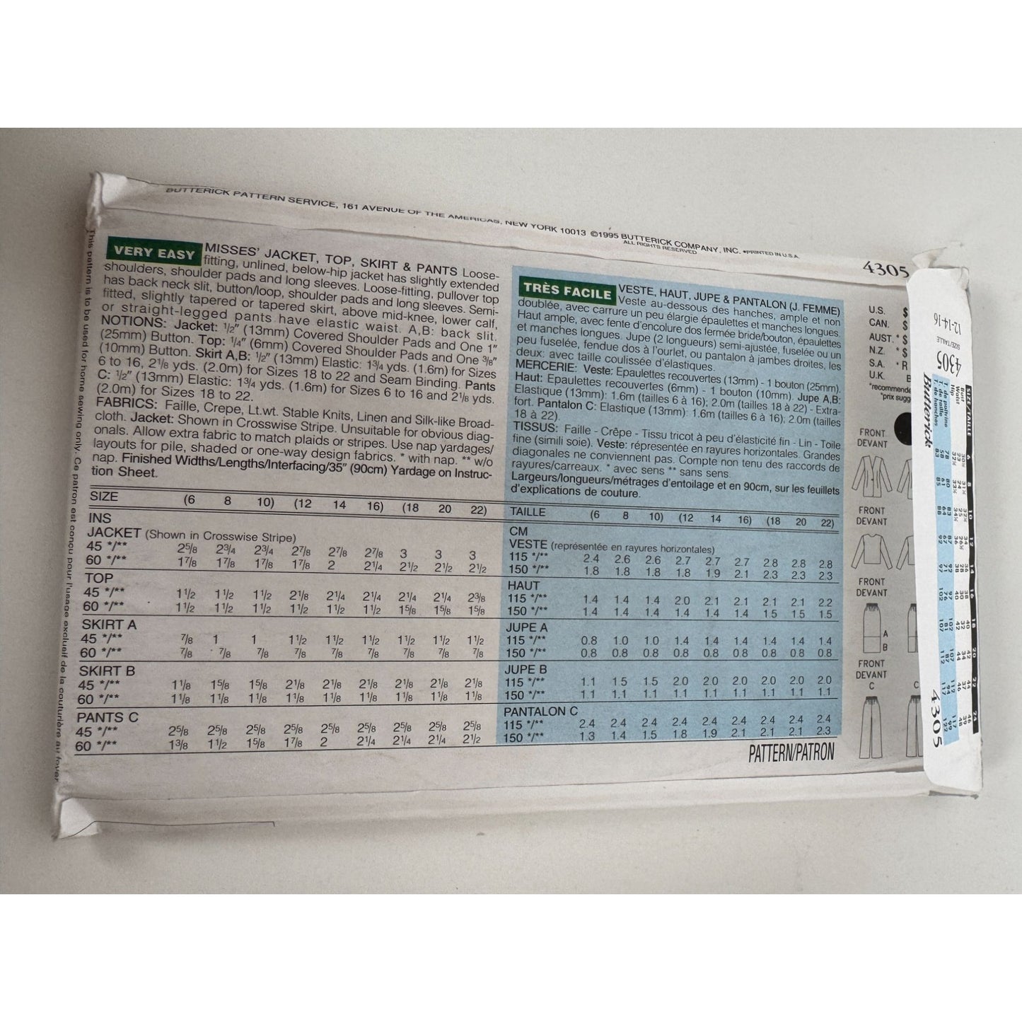 Butterick Sewing Pattern 4305  Jacket Top Skirt Pants 12 14 16 Classics 1990s UC