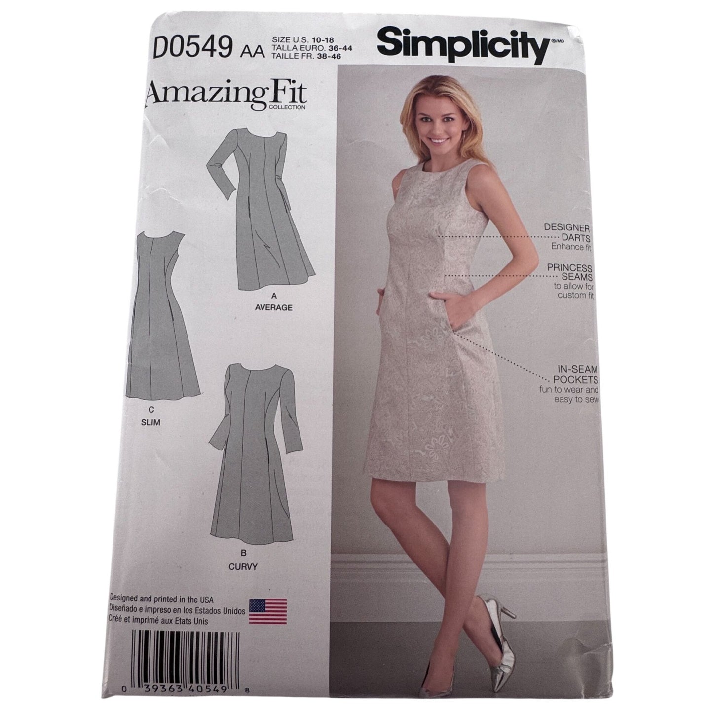 Simplicity Sewing Pattern D0549 Amazing Fit Dress Modern Tailored Pockets Slim Curvy 10-18 Uncut