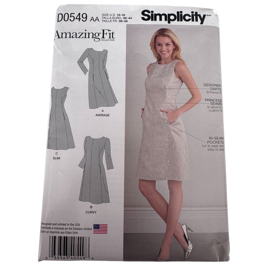 Simplicity Sewing Pattern D0549 Amazing Fit Dress Modern Tailored Pockets Slim Curvy 10-18 Uncut