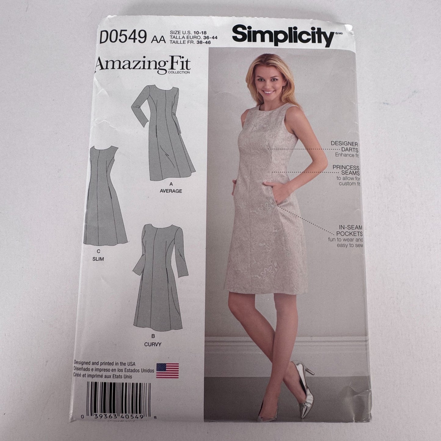 Simplicity Sewing Pattern D0549 Amazing Fit Dress Modern Tailored Pockets Slim Curvy 10-18 Uncut