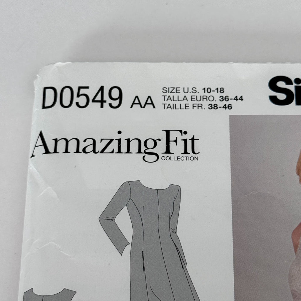 Simplicity Sewing Pattern D0549 Amazing Fit Dress Modern Tailored Pockets Slim Curvy 10-18 Uncut
