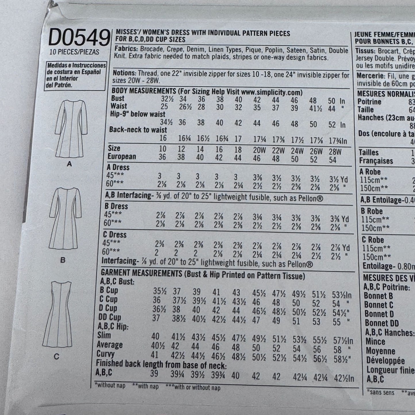 Simplicity Sewing Pattern D0549 Amazing Fit Dress Modern Tailored Pockets Slim Curvy 10-18 Uncut