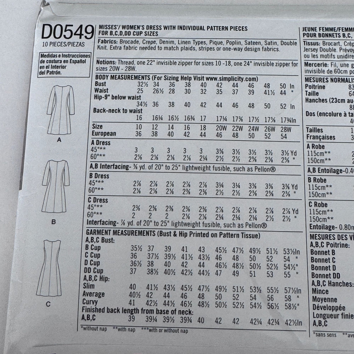 Simplicity Sewing Pattern D0549 Amazing Fit Dress Modern Tailored Pockets Slim Curvy 10-18 Uncut