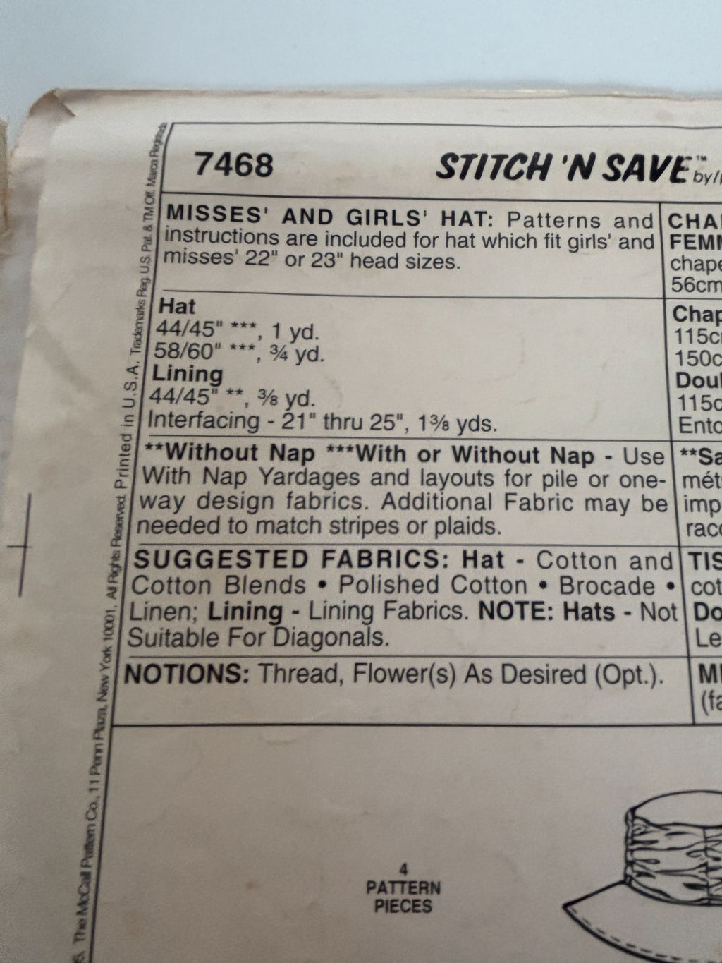 McCalls Sewing Pattern 7468 Hat Easter Spring Easy Misses and Girls Hat Uncut