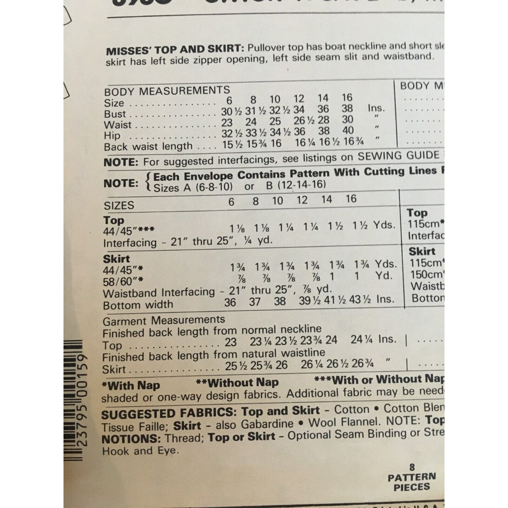 McCalls Sewing Pattern 8980 Straight Skirt and Shirt Top Boat Neckline 12-16 UC